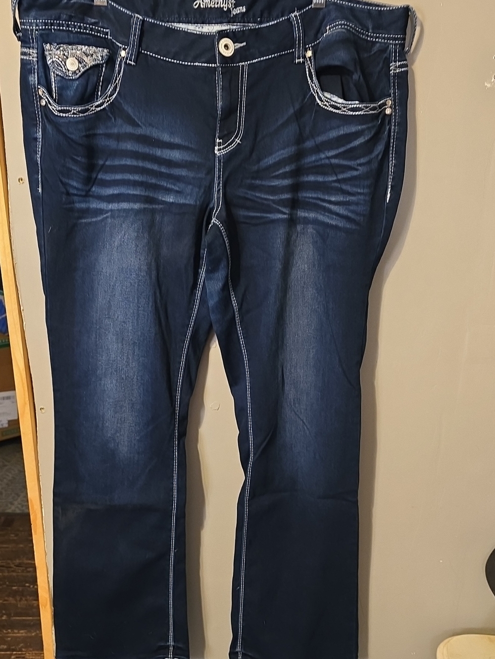 Amethyst Jeans Women's Navy Blue Slim Straight Jeans with Contrast Stitching